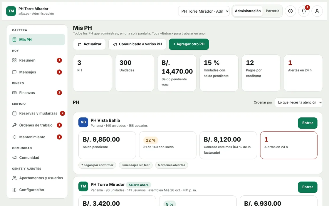 Panel Mis PH con tres propiedades, su saldo pendiente, morosidad y pendientes