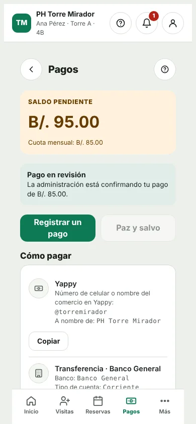 Pantalla de pagos del residente con su saldo y las formas de pagar del edificio